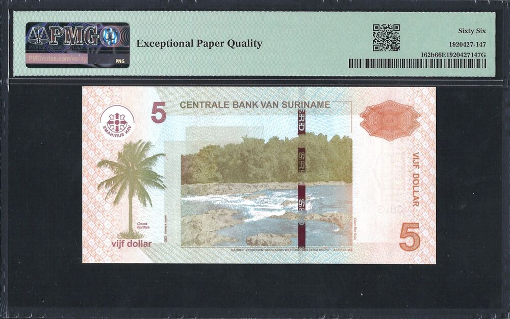 Suriname -  5 Dollars 2012 - Pick # 162b - PMG 66 EPQ
