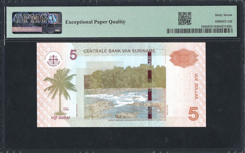 Suriname -  5 Dollars 2012 - Pick # 162b - PMG 67 EPQ