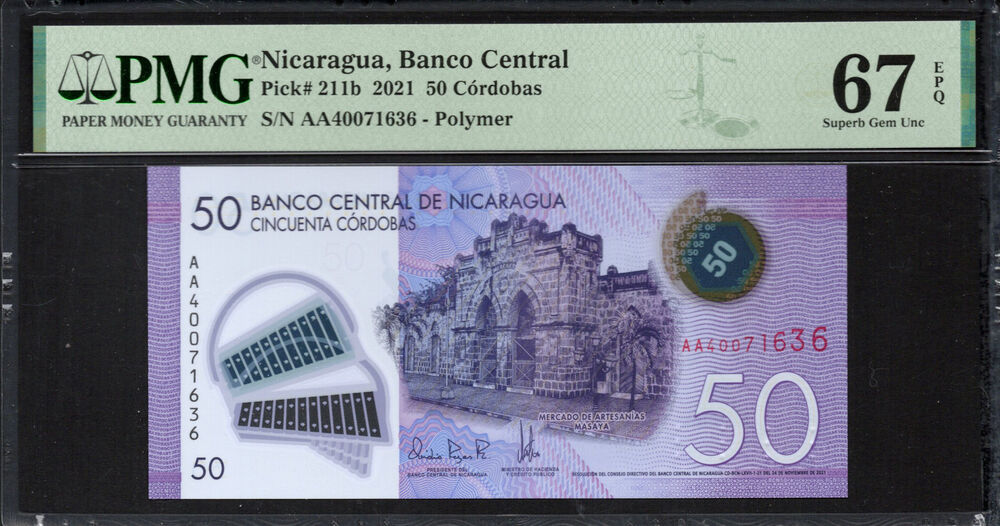 Nicaragua -  50 Córdobas 2021 - Pick # 211b - PMG 67 EPQ