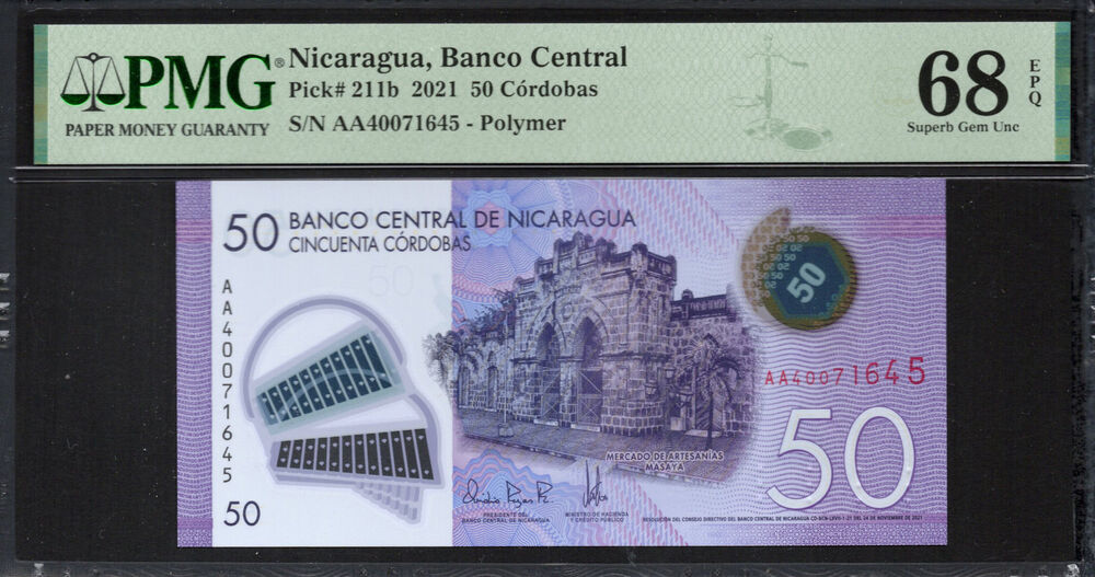 Nicaragua -  50 Córdobas 2021 - Pick # 211b - PMG 68 EPQ