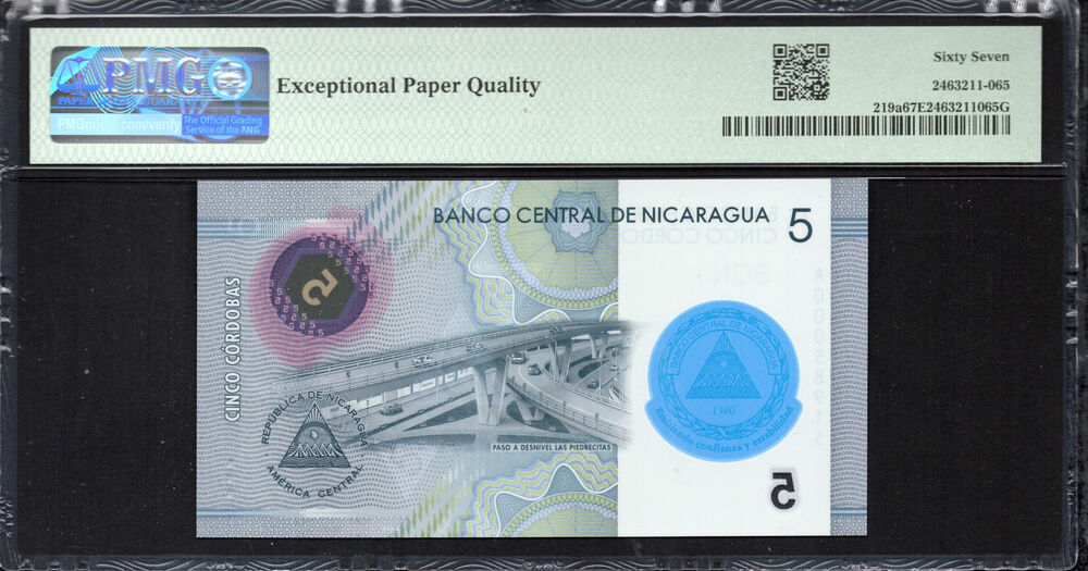 Nicaragua -  5 Córdobas 2019 - Pick # 219a - PMG 67 EPQ