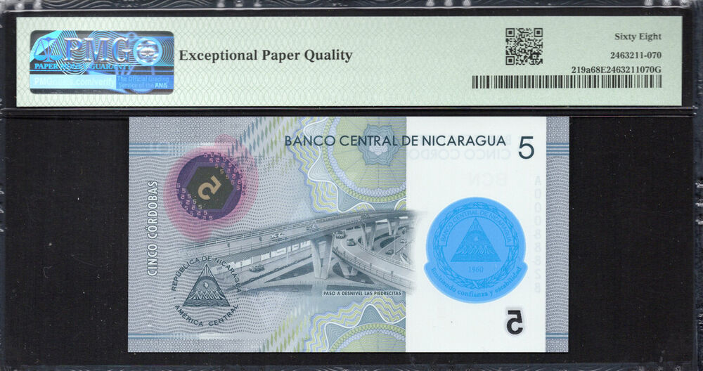 Nicaragua -  5 Córdobas 2019 - Pick # 219a - PMG 68 EPQ