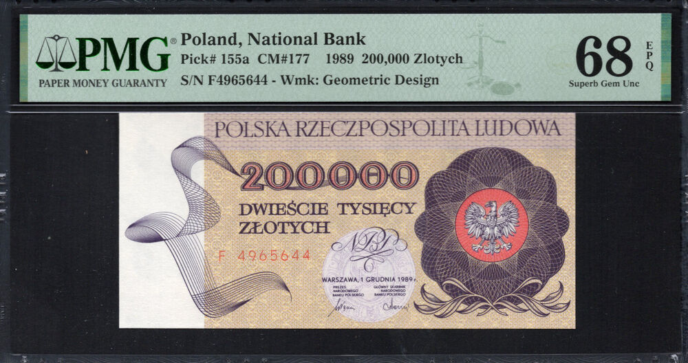 Poland -  200.000 Zlotych 1989 - Pick # 155a - PMG 68 EPQ