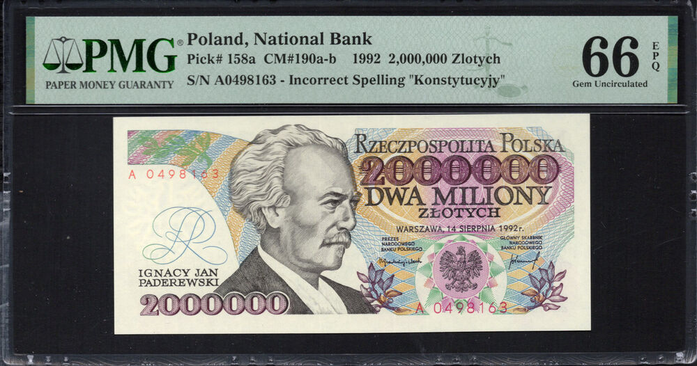 Poland -  2.000.000 Zlotych 1992 - Pick # 158a - PMG 66 EPQ