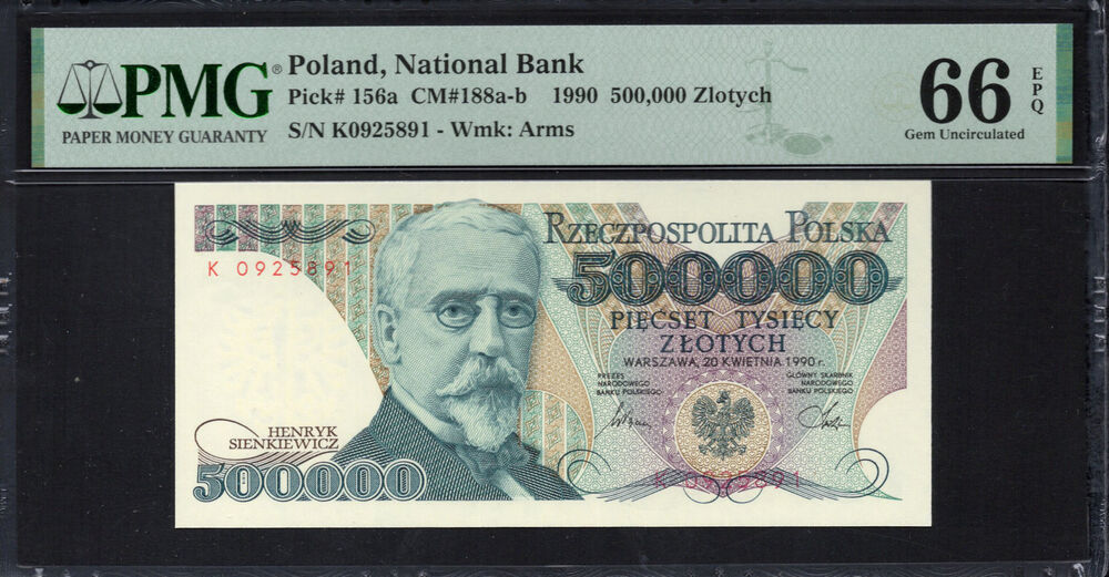 Poland -  500.000 Zlotych 1990 - Pick # 156a - PMG 66 EPQ