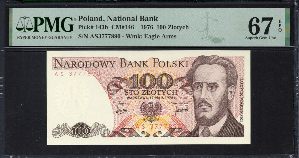 Poland -  100 Zlotych 1976 - Pick # 143b - PMG 67 EPQ