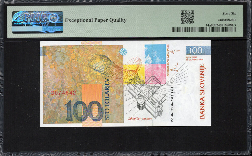 Slovenia -  100 Tolarjev 1992 - Pick # 14a - PMG 66 EPQ