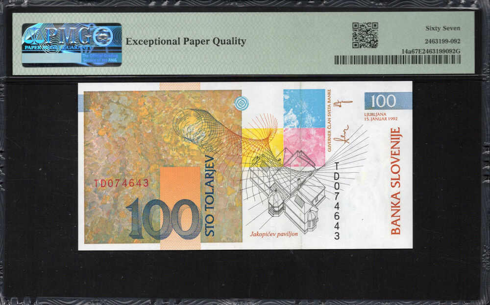 Slovenia -  100 Tolarjev 1992 - Pick # 14a - PMG 67 EPQ