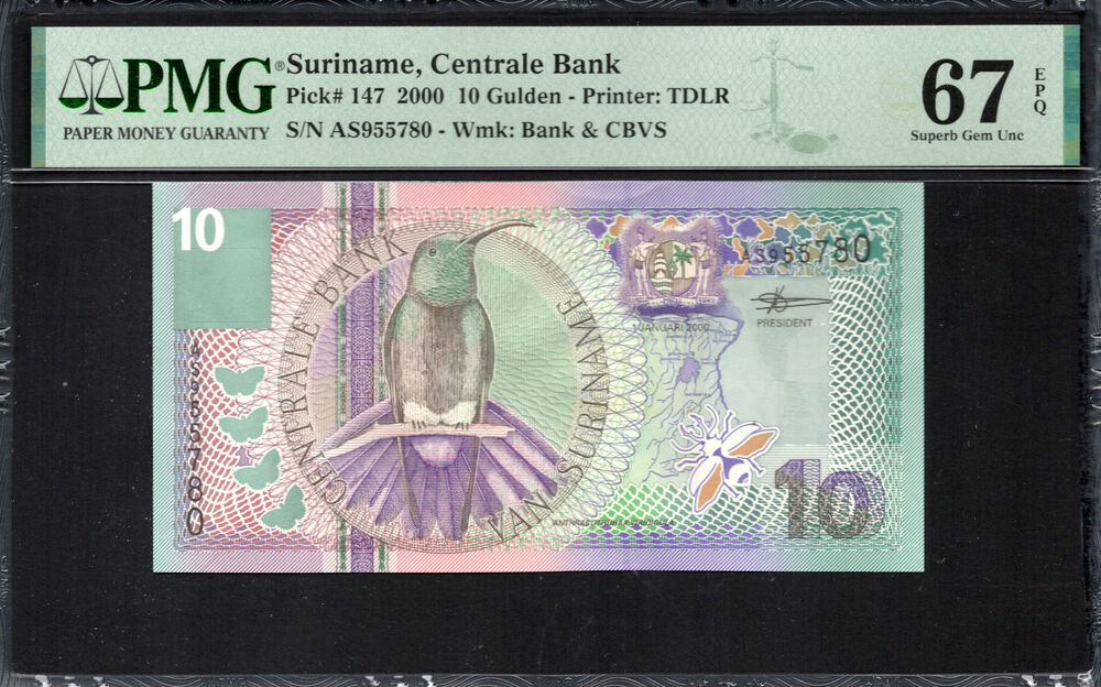 Suriname -  10 Gulden 2000 - Pick # 147 - PMG 67 EPQ