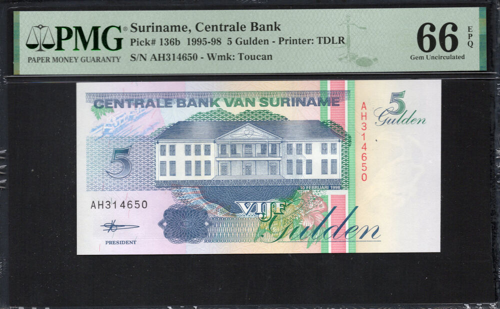 Suriname -  5 Gulden 1995 - Pick # 136b - PMG 66 EPQ