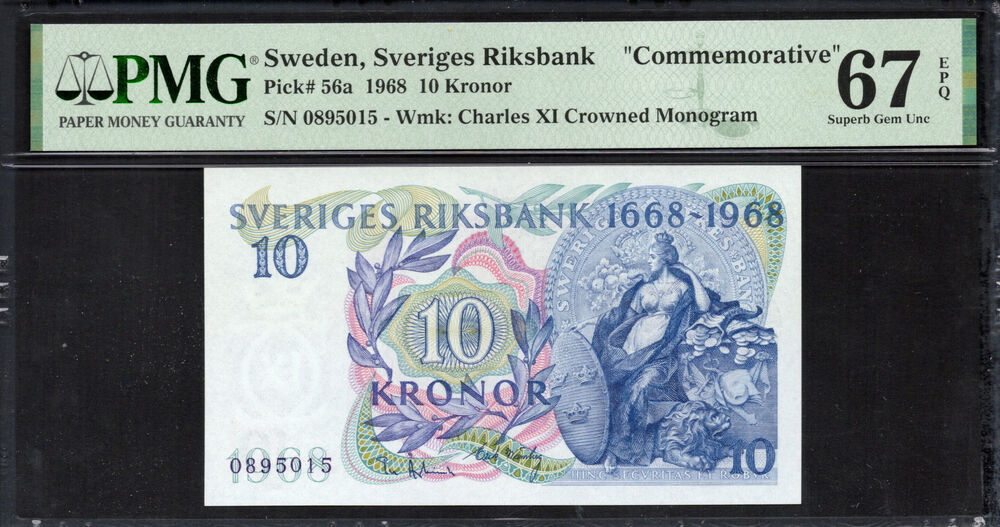 Sweden -  10 Kronor 1968 - Pick # 56a - PMG 67 EPQ