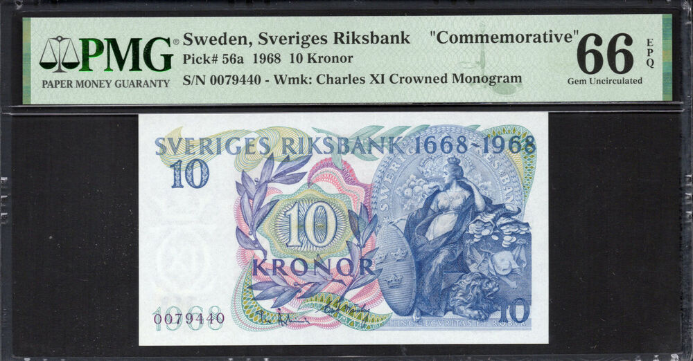 Sweden -  10 Kronor 1968 - Pick # 56a - PMG 66 EPQ