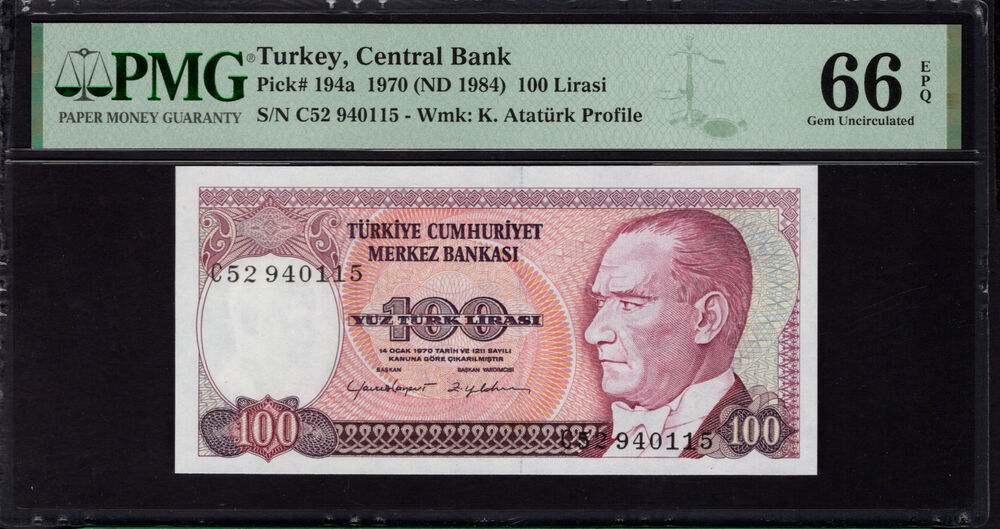 Turkey -  100 Lirasi 1970 - Pick # 194a - PMG 66 EPQ