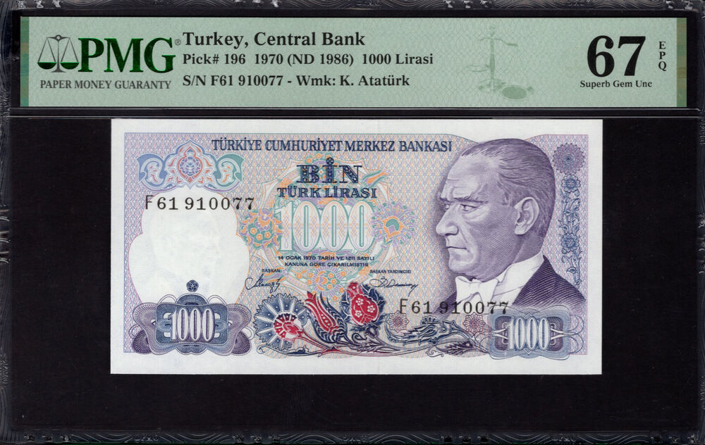 Turkey -  1000 Lirasi 1970 - Pick # 196 - PMG 67 EPQ