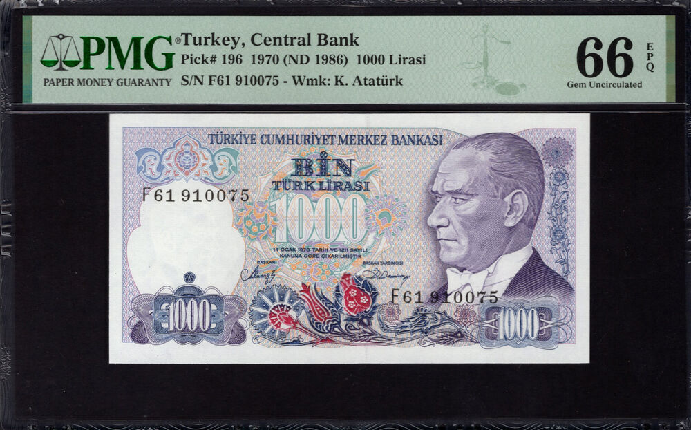 Turkey -  1000 Lirasi 1970 - Pick # 196 - PMG 66 EPQ