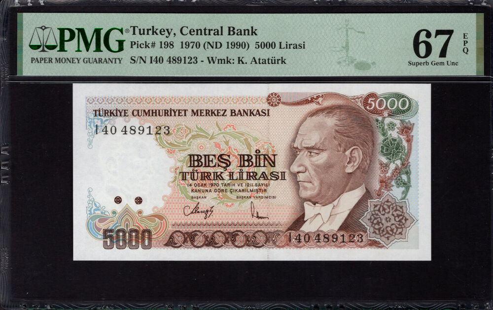 Turkey -  5000 Lirasi 1970 - Pick # 198 - PMG 67 EPQ