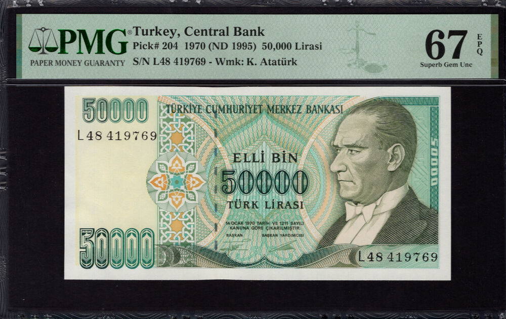 Turkey -  50.000 Lirasi 1970 - Pick # 204 - PMG 67 EPQ