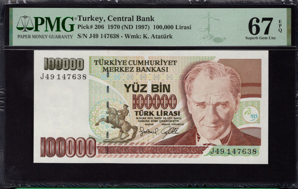 Turkey -  100.000 Lirasi 1970 - Pick # 206 - PMG 67 EPQ