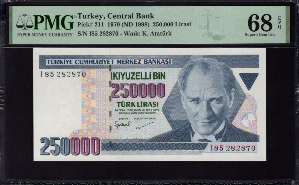 Turkey -  250.000 Lirasi 1970 - Pick # 211 - PMG 68 EPQ