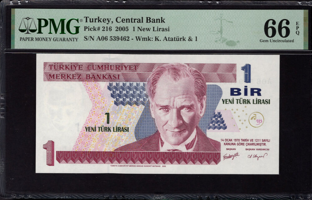 Turkey -  1 New Lira 2005 - Pick # 216 - PMG 66 EPQ