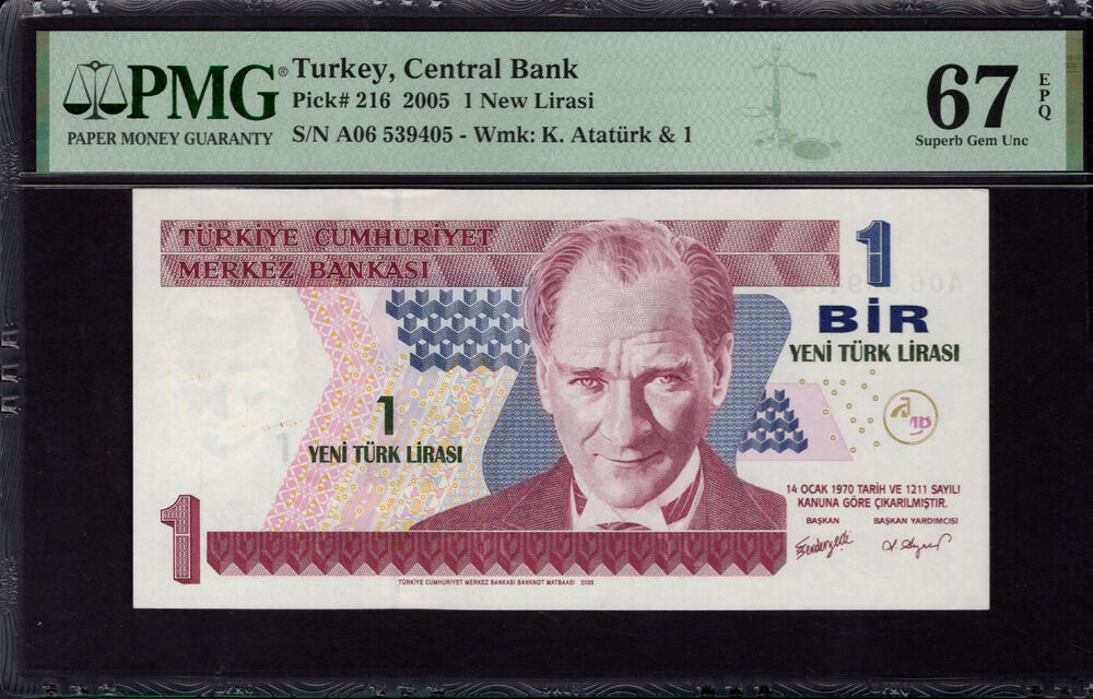 Turkey -  1 New Lira 2005 - Pick # 216 - PMG 67 EPQ