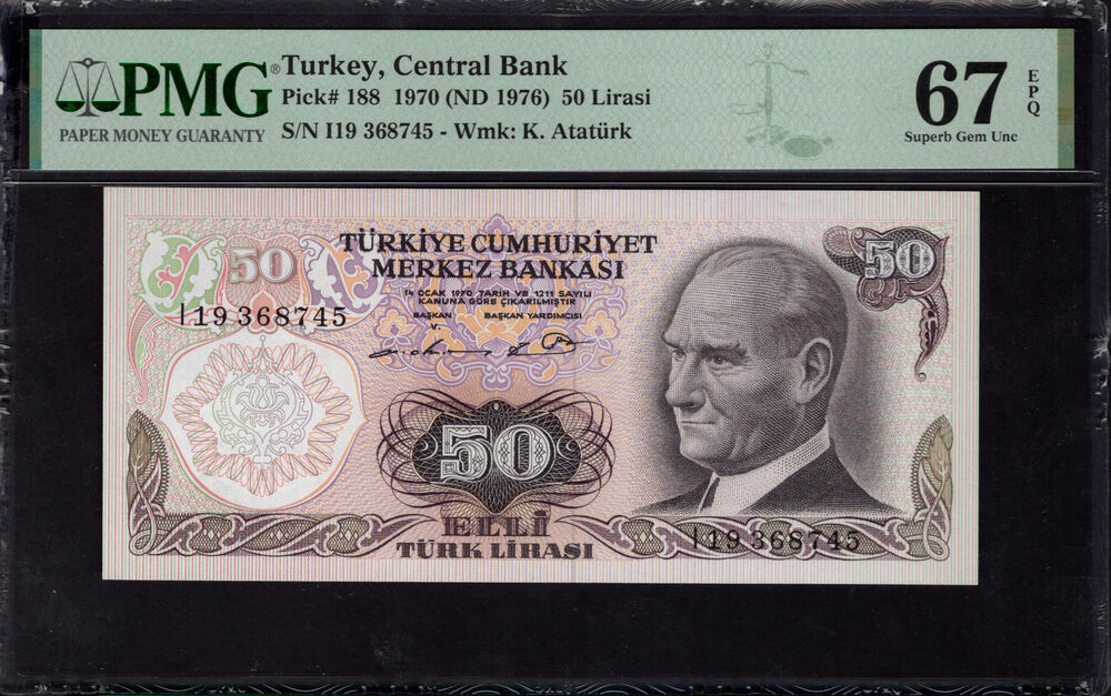 Turkey -  50 Lirasi 1970 - Pick # 188 - PMG 67 EPQ