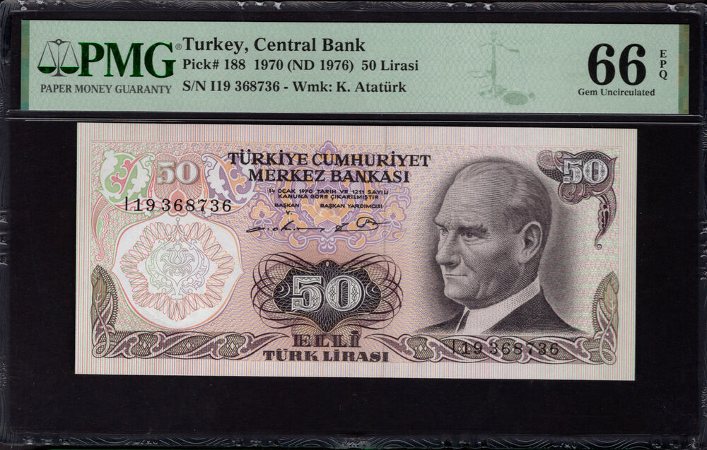 Turkey -  50 Lirasi 1970 - Pick # 188 - PMG 66 EPQ
