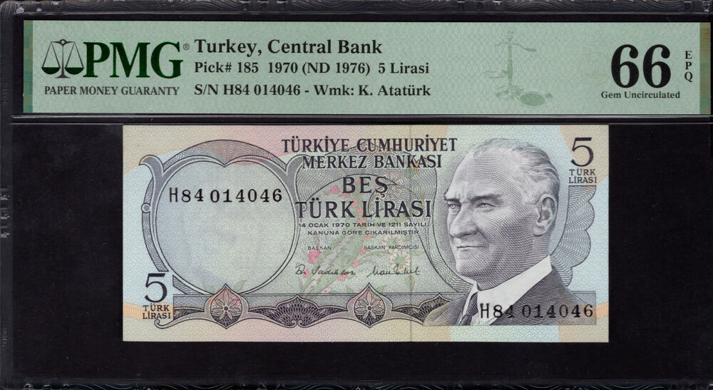 Turkey -  5 Lira 1970 - Pick # 185 - PMG 66 EPQ