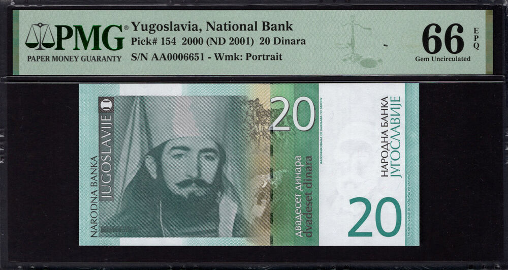 Yugoslavia -  20 Dinara 2000 - Pick # 154 - PMG 66 EPQ
