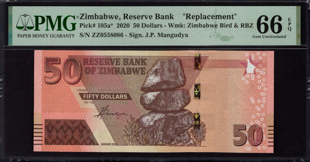Zimbabwe -  50 Dollars 2020 - Pick # 105a* - PMG 66 EPQ