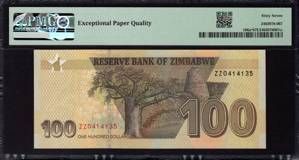 Zimbabwe -  100 Dollars 2020 - Pick # 106a* - PMG 67 EPQ