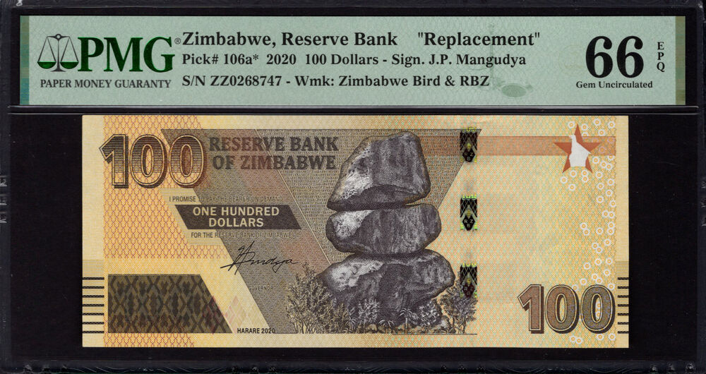Zimbabwe -  100 Dollars 2020 - Pick # 106a* - PMG 66 EPQ