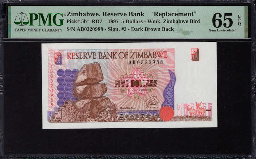 Zimbabwe -  5 Dollars 1997 - Pick # 5b* - PMG 65 EPQ