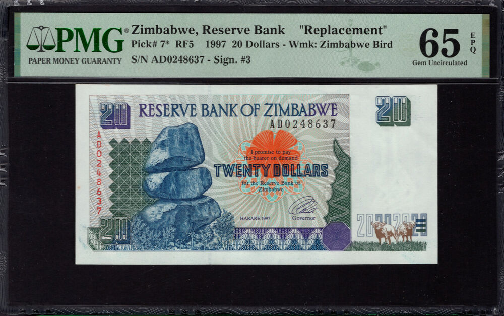 Zimbabwe -  20 Dollars 1997 - Pick # 7* - PMG 65 EPQ