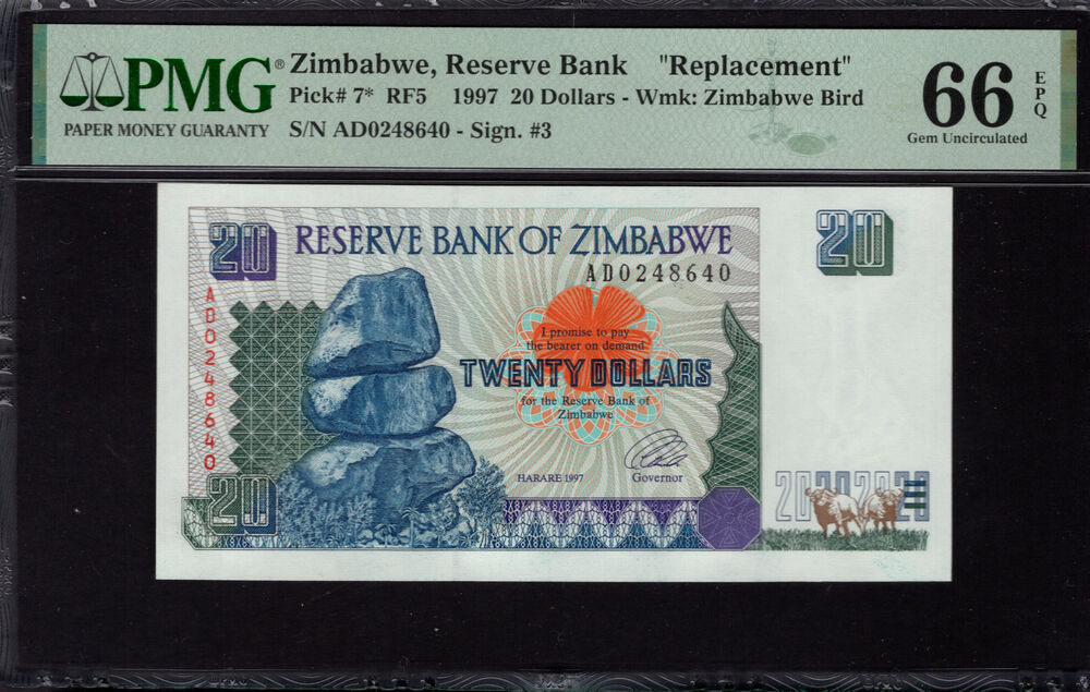 Zimbabwe -  20 Dollars 1997 - Pick # 7* - PMG 66 EPQ
