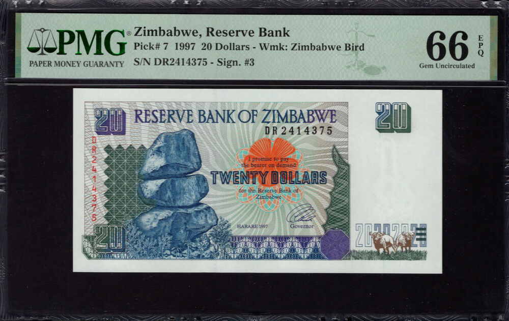 Zimbabwe -  20 Dollars 1997 - Pick # 7 - PMG 66 EPQ