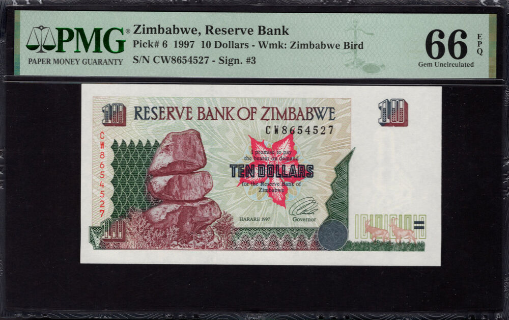 Zimbabwe -  10 Dollars 1997 - Pick # 6 - PMG 66 EPQ