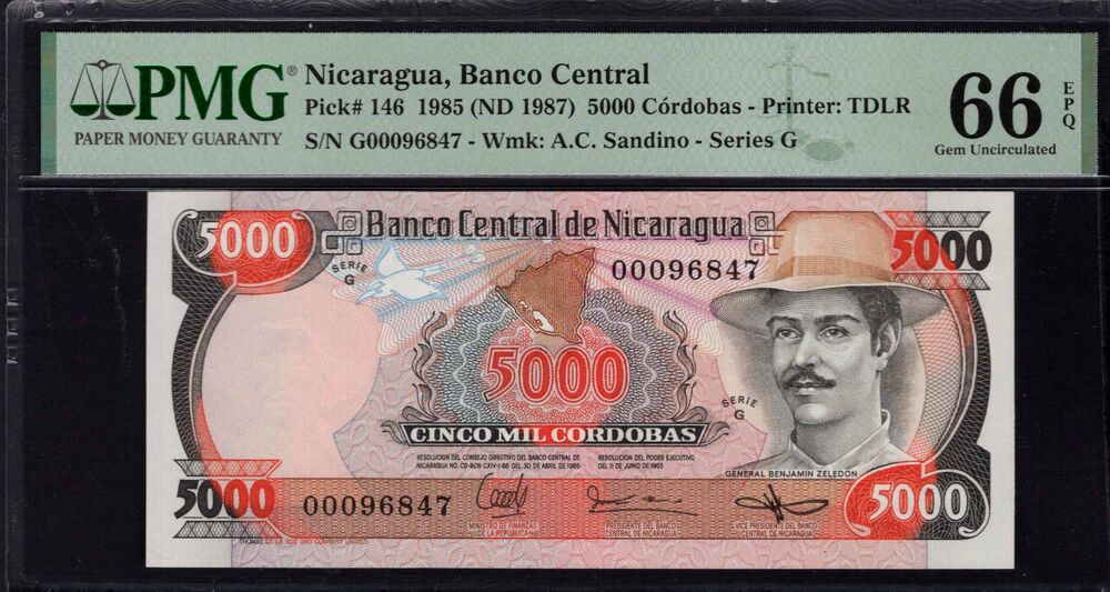 Nicaragua -  5000 Córdobas 1985 - Pick # 146 - PMG 66 EPQ