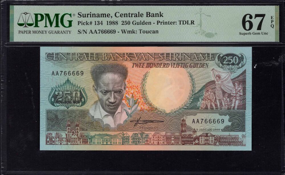 Suriname -  250 Gulden 1988 - Pick # 134 - PMG 67 EPQ