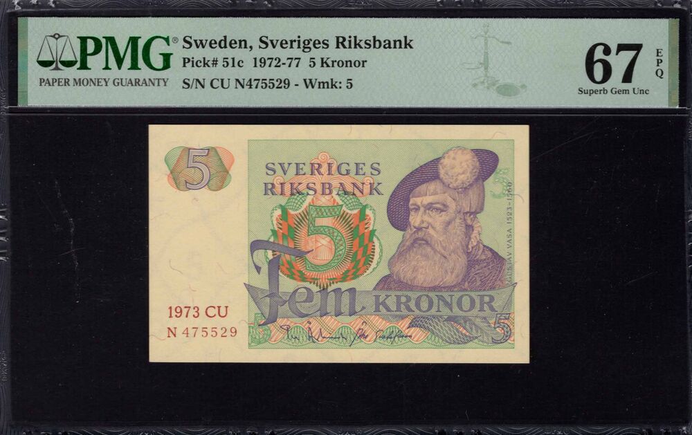 Sweden -  5 Kronor 1972 - Pick # 51c - PMG 67 EPQ