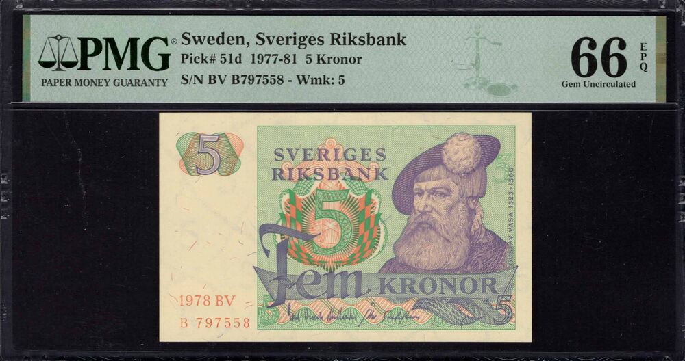 Sweden -  5 Kronor 1977 - Pick # 51d - PMG 66 EPQ