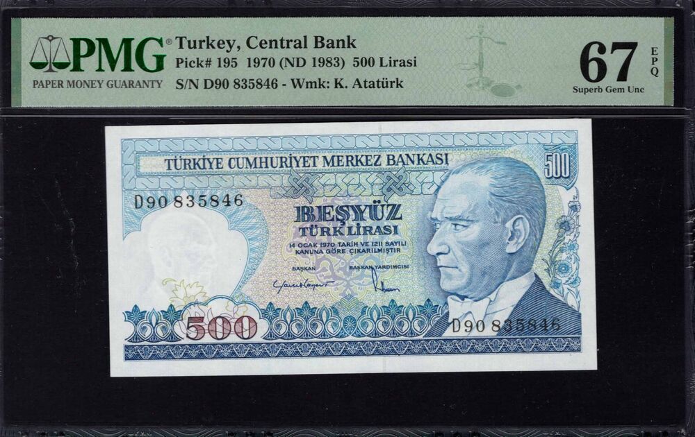 Turkey -  500 Lira 1970 - Pick # 195 - PMG 67 EPQ