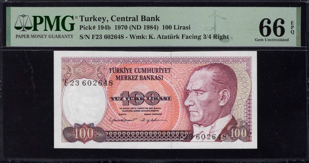 Turkey -  100 Lirasi 1970 - Pick # 194b - PMG 66 EPQ