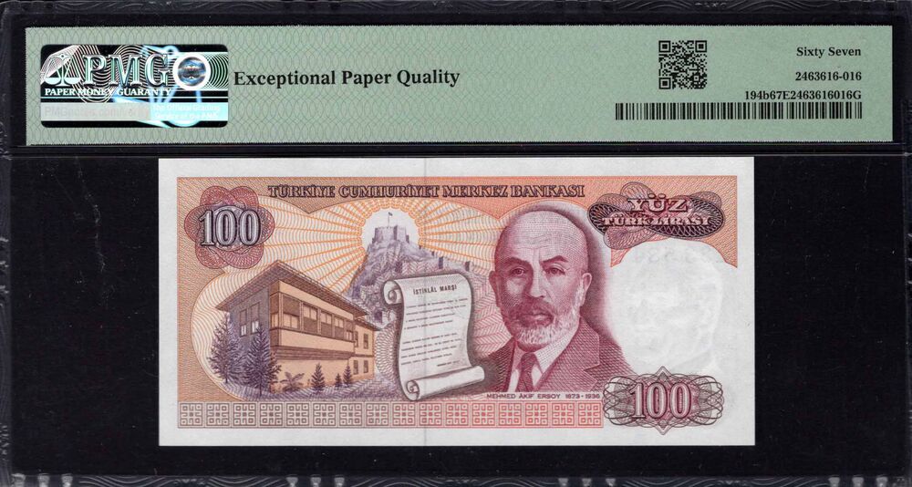 Turkey -  100 Lirasi 1970 - Pick # 194b - PMG 67 EPQ