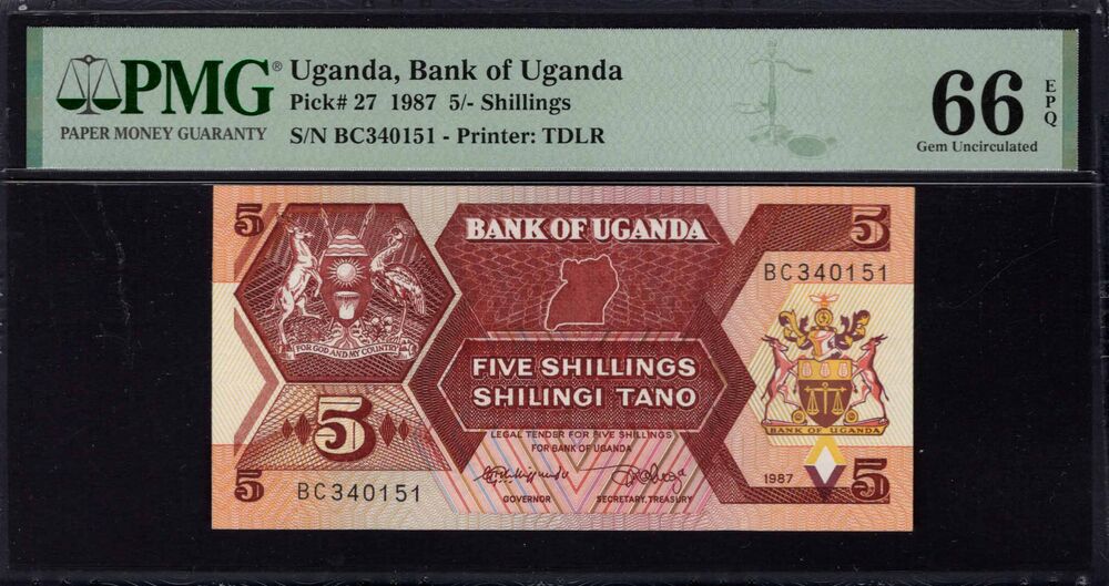 Uganda -  5 Shillings 1987 - Pick # 27 - PMG 66 EPQ