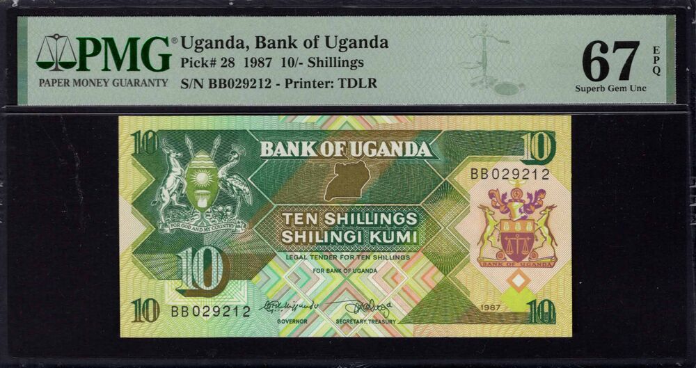 Uganda -  10 Shillings 1987 - Pick # 28 - PMG 67 EPQ