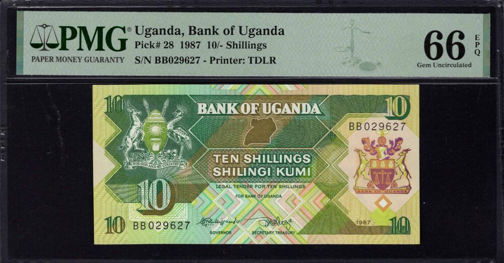 Uganda -  10 Shillings 1987 - Pick # 28 - PMG 66 EPQ