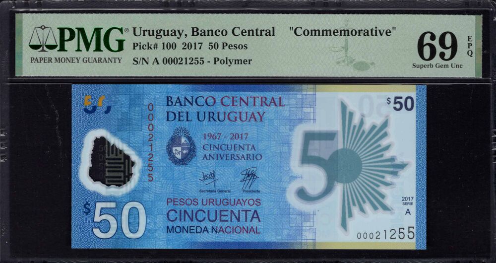 Uruguay -  50 Pesos 2017 - Pick # 100 - PMG 69 EPQ