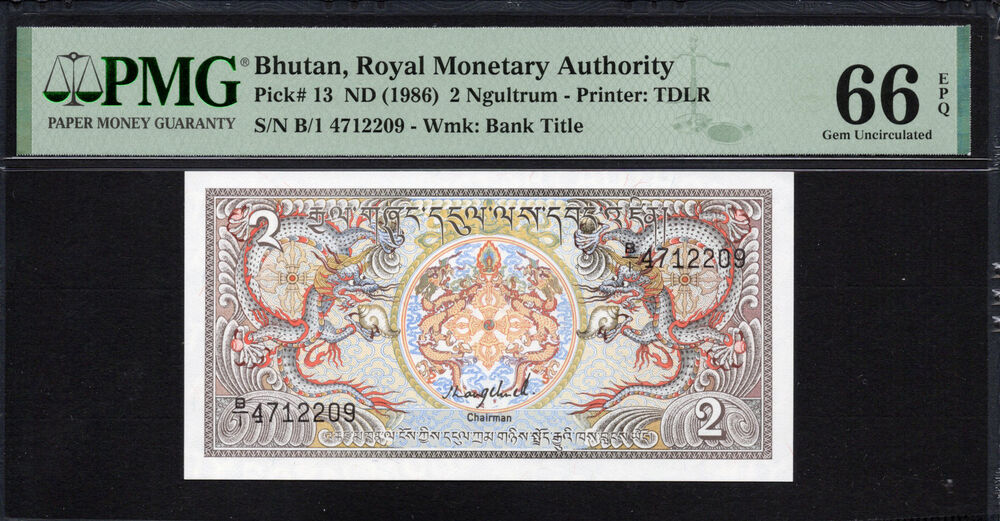 Bhutan -  2 Ngultrum 1986 - Pick # 13 - PMG 66 EPQ