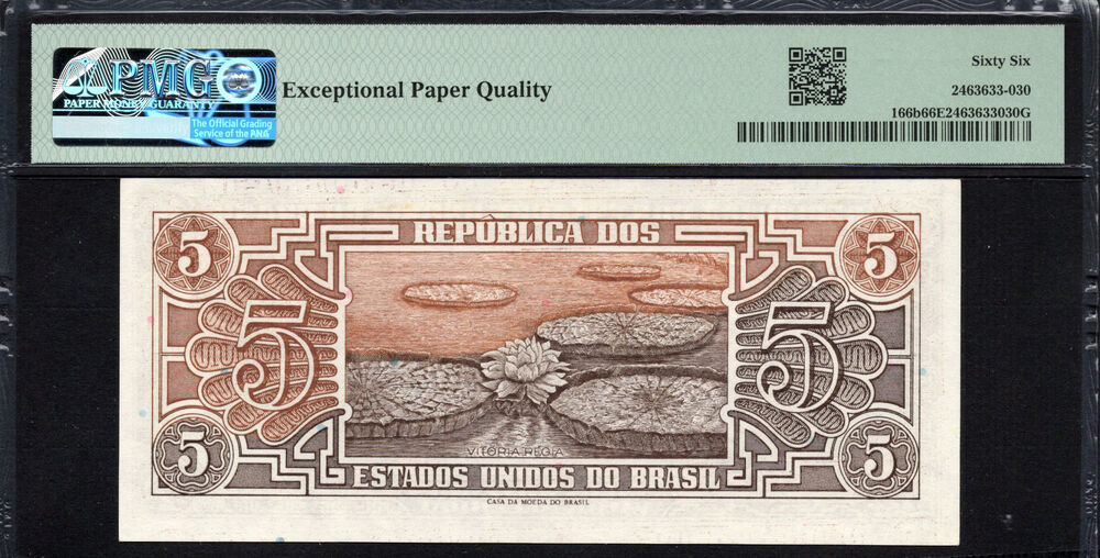Brazil -  5 Cruzeiros 1961 - Pick # 166b - PMG 66 EPQ